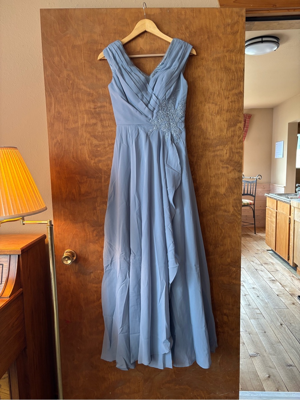 Elegant V-Neck Dusty Blue Evening Gown Bridesmaid Dress